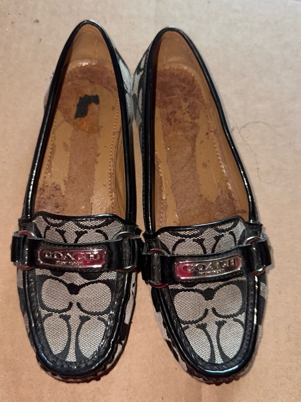 Coach Women's Black/Beige Signature Canvas Loafers (No Soles)